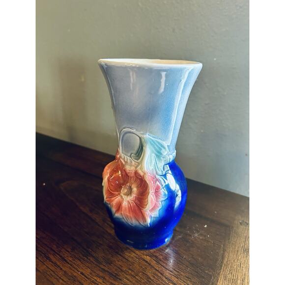 Vintage Royal Copley Floral Pink and Cobalt Blue Pottery Vase - Picture 2 of 6